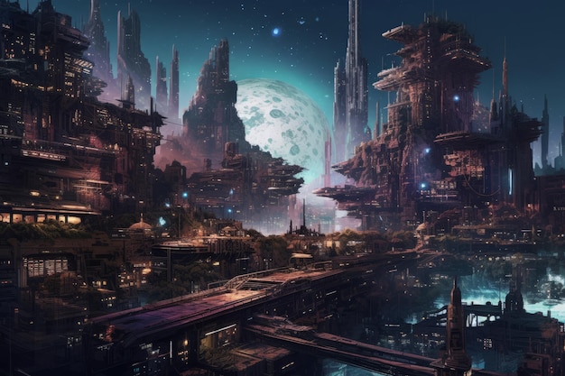 Ein eindringlicher Einblick in eine kosmische dystopische Stadt. Generative KI