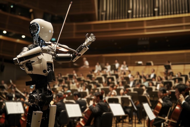 Ein eindrucksvolles Bild eines Roboterdirigenten, der ein Orchester in einer fehlerlosen Aufführung leitet