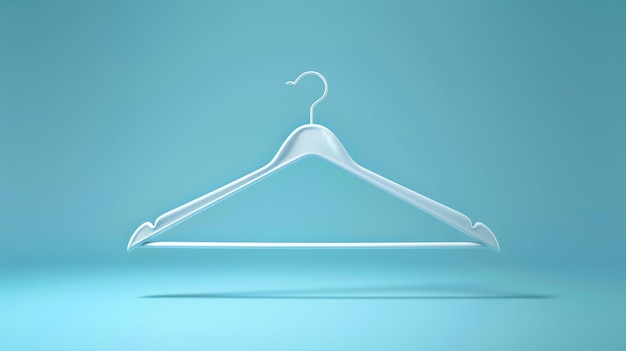 Ein einfacher Kleiderhänger schwebt in der Mitte eines blauen Hintergrunds. Der Hänger ist aus weißem Plastik und hat einen Haken an der Spitze.
