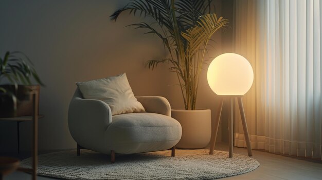 Ein einfacher skandinavischer Design-Blog über Immobilien und moderne Innenräume Stuhl mit Kissen Leuchtlampe Pflanze in Topf Ottoman und runden Teppich auf dem Boden im Wohnzimmer