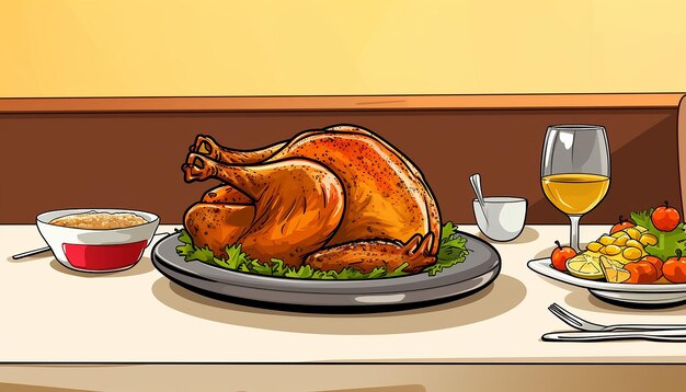 ein einfacher, süßer Cartoon eines Truthahns, der bei einem Thanksgiving-Dinner sitzt