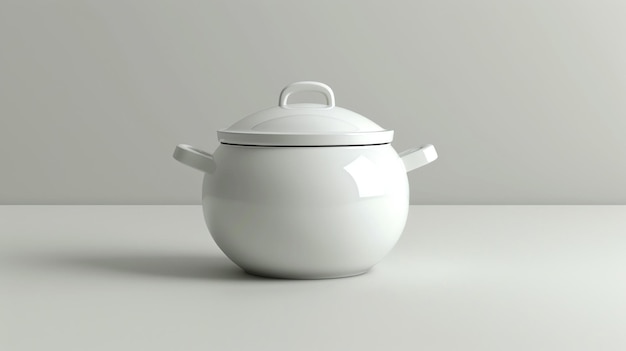 Foto ein einfacher und eleganter keramikkochtopf mit deckel der topf ist weiß und hat zwei griffe er sitzt auf einem weißen tisch vor einem weißen hintergrund