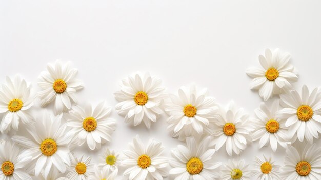 Ein einfacher und eleganter Rand von Frühlingsmargueriten vor einem sauberen weißen Hintergrund