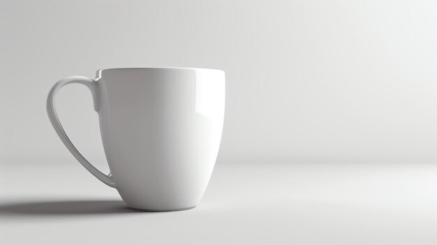 Foto ein einfacher weißer kaffeetass sitzt auf einem weißen tisch. der becher ist schlicht und hat einen griff. der tisch ist ebenfalls schlicht und verfügt über eine glatte oberfläche.