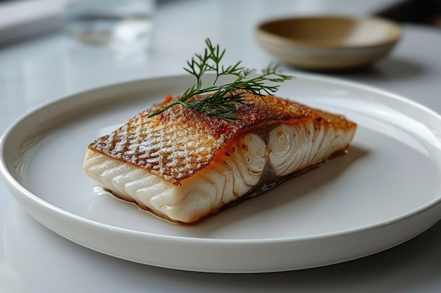Ein einfacher weißer Teller mit einem Stück Fisch auf einem sauberen weißen Hintergrund