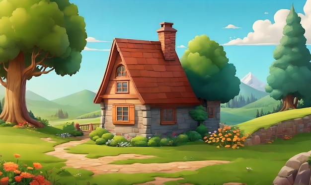 Ein einfaches Haus in der Natur Cartoon-Hintergrund ai Generieren