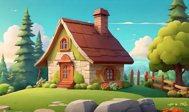 Ein einfaches Haus in der Natur Cartoon-Hintergrund ai Generieren