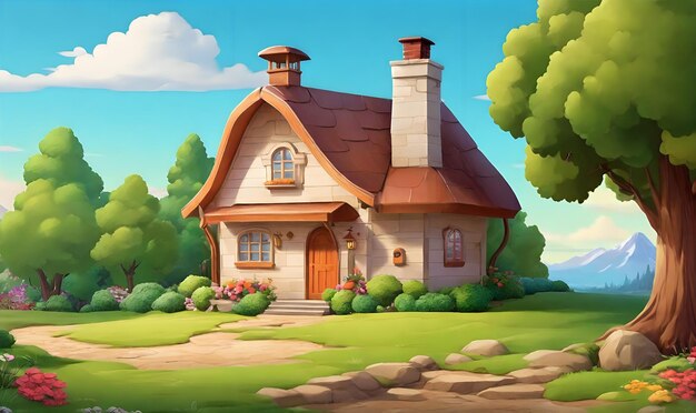 Ein einfaches Haus in der Natur Cartoon-Hintergrund ai Generieren