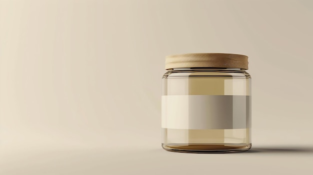 Ein einfaches und elegantes Glaskrug mit Holzdeckel sitzt auf einer festen Oberfläche gegen einen beigen Hintergrund