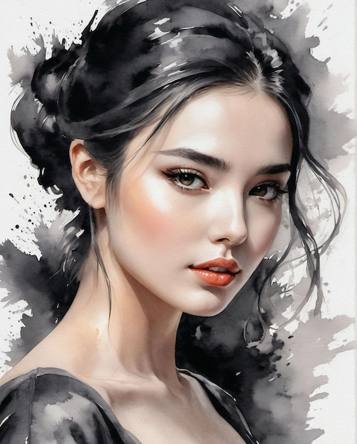 Ein einfarbiges Tintenkunstwerk, das eine atemberaubend schöne Frau darstellt