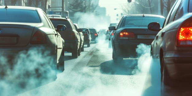 Ein eingeklemmtes Auto gibt sichtbare Abgase aus, die zur Luftverschmutzung beitragen