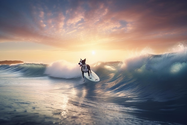 Ein Einhorn, das auf einem Surfbrett eine Welle reitet