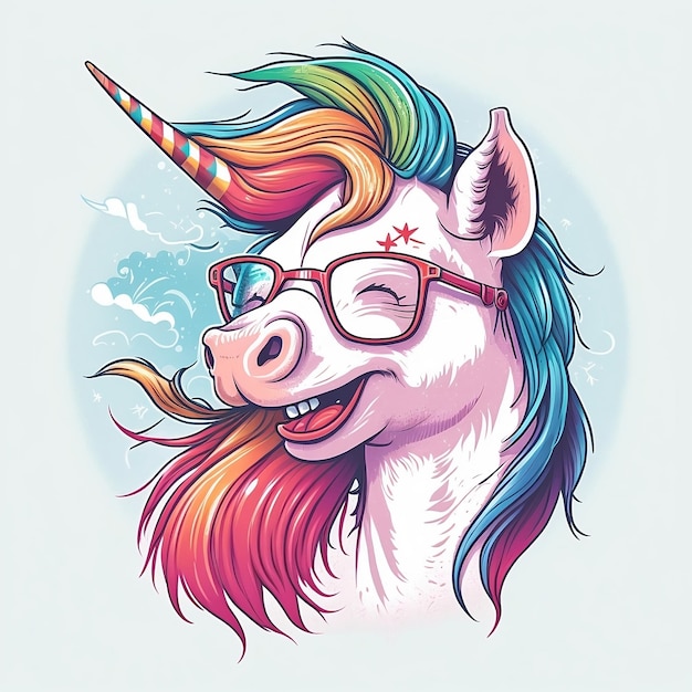 Ein Einhorn mit Brille und regenbogenfarbenem Kopf.