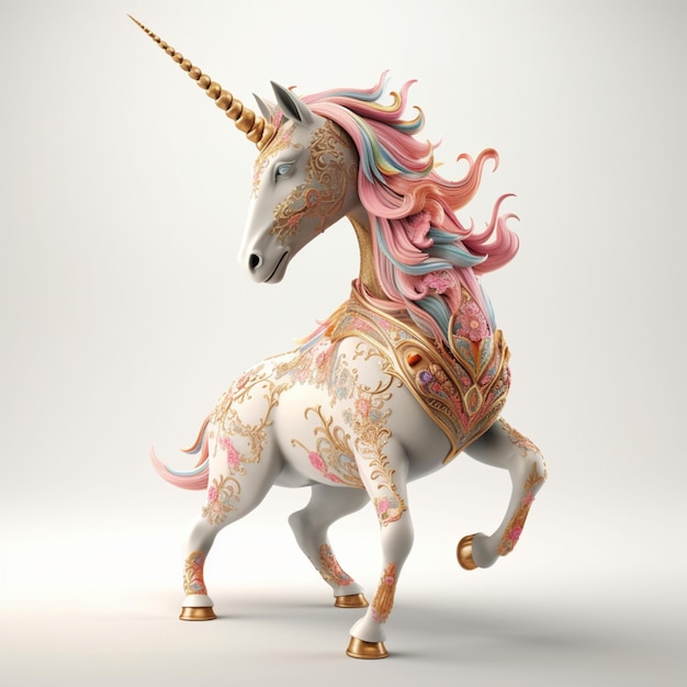 Ein Einhorn mit einer rosa Mähne und goldenen und rosa Blumen auf dem Kopf.