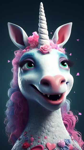 Ein Einhorn mit einer rosa Mähne und rosa Blumen darauf.