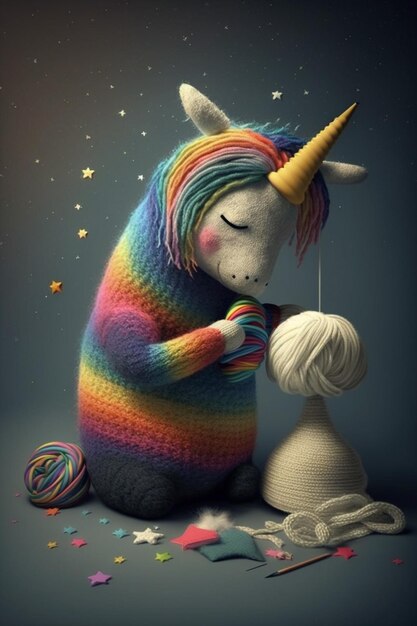 Ein Einhorn strickt mit einem Regenbogenpullover.