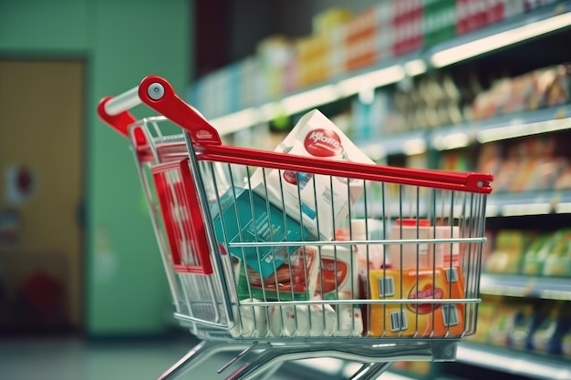 Ein Einkaufswagen mit einem roten Griff, auf dem "coca - cola" steht.