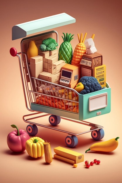 Ein Einkaufswagen mit einem Wagen voller Lebensmittel und Kisten voller Lebensmittel.
