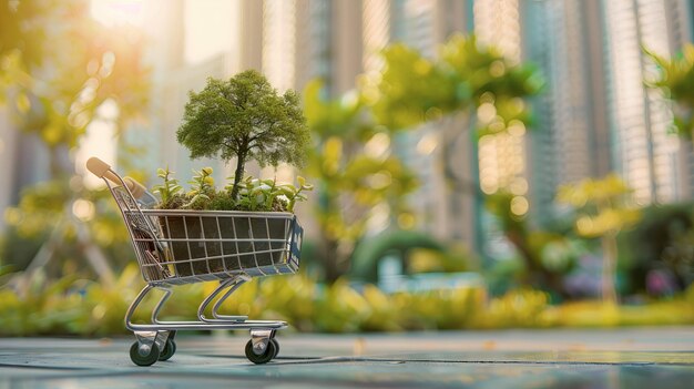 Ein Einkaufswagen mit grünen Pflanzen und einem Baum gegen städtisches Stadtbild für umweltfreundliches Einkaufen