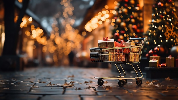 Ein Einkaufswagen mit Weihnachtsgeschenken aus einem geschmückten Weihnachtsbaum Feiertagsverkäufe und Neujahr