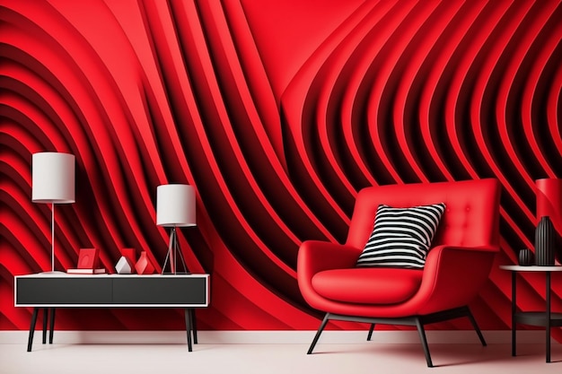 Ein einladendes Bild eines Essbereichs mit roter Pantone-Dekoration und bequemen Möbeln