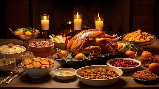 Ein einladendes Foto eines Tisches voller Thanksgiving-Gerichte, darunter ein goldener Truthahn