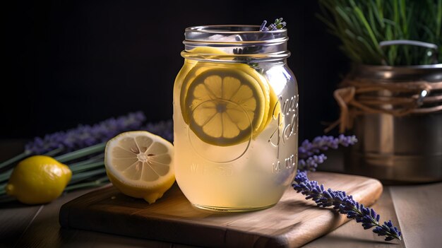 Ein Einmachglas Limonade mit Zitronenscheiben auf einem Holzbrett.