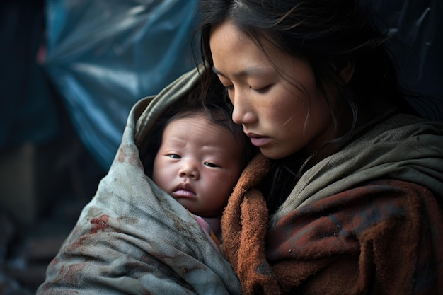 Ein einmonatiges Baby in der Wiege weint, Slum-Szene in China, Fotografie, visuelle Wirkung