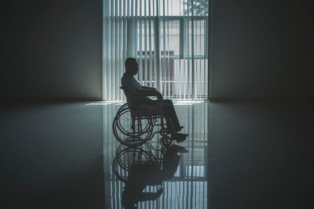 Ein einsamer älterer Mann sieht traurig aus im Rollstuhl