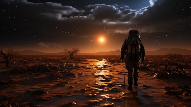 Ein einsamer Astronaut mit Rucksack und Spazierstock reist durch eine mondbeschienene Wüste