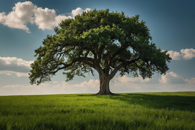 Ein einsamer Baum auf einem grünen Feld unter einem weiten Himmel