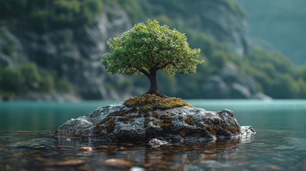 Ein einsamer Baum auf einer kleinen Insel in einem Bergsee