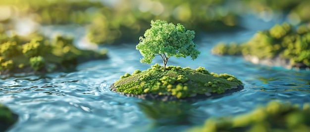 Ein einsamer Baum auf einer kleinen Insel in ruhigen Gewässern