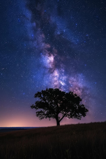 Ein einsamer Baum, der von einem sternenfrohen Himmel mit einem warmen Leuchten am Horizont beleuchtet wird