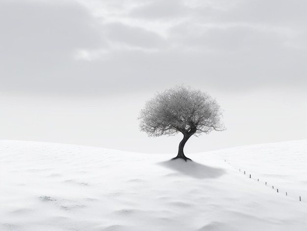 Ein einsamer Baum in einem verschneiten Feld mit einem Zaun im Hintergrund.