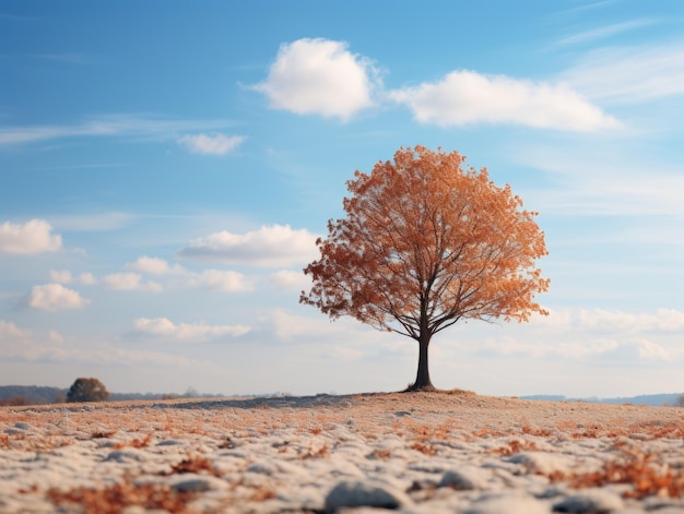 Ein einsamer Baum steht allein auf einem Feld mit einem blauen Himmel im Hintergrund