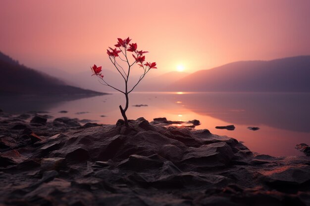 ein einsamer Baum steht am Ufer eines Sees bei Sonnenuntergang