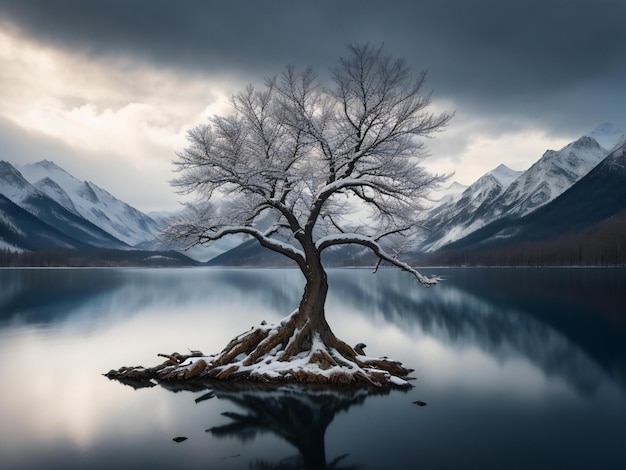 Ein einsamer Baum steht am Ufer eines Sees mit Bergen im Hintergrund