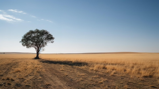 Ein einsamer Baum steht auf einem Feld mit einem blauen Himmel im Hintergrund.