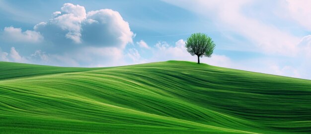 Ein einsamer Baum steht auf einem sanften, grünen Hügel, ein Symbol der Einsamkeit und des Friedens unter dem riesigen, mit Wolken bedeckten Himmel.