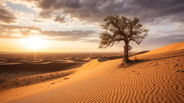 Ein einsamer Baum steht in den Sanddünen.