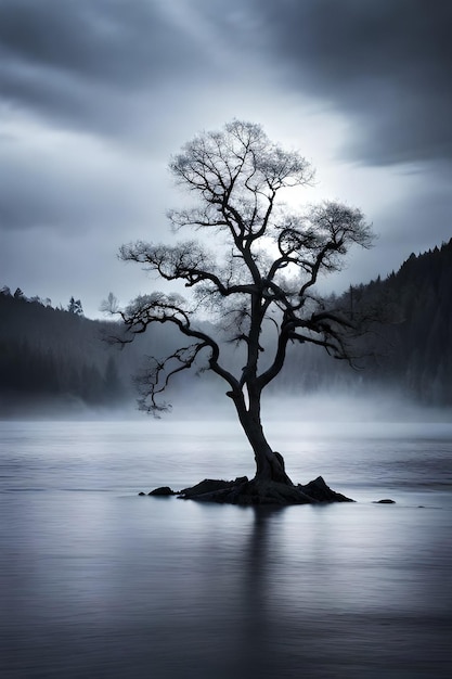 Ein einsamer Baum steht in einem See mit einem bewölkten Himmel dahinter.