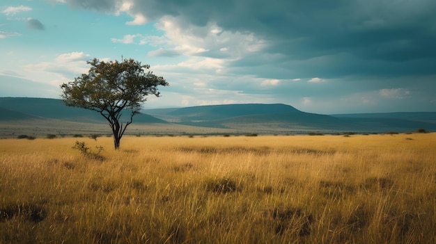 Ein einsamer Baum steht in einer goldenen Savanne Landschaft ruhige Natur Szene ideal für Hintergründe und Tapeten KI