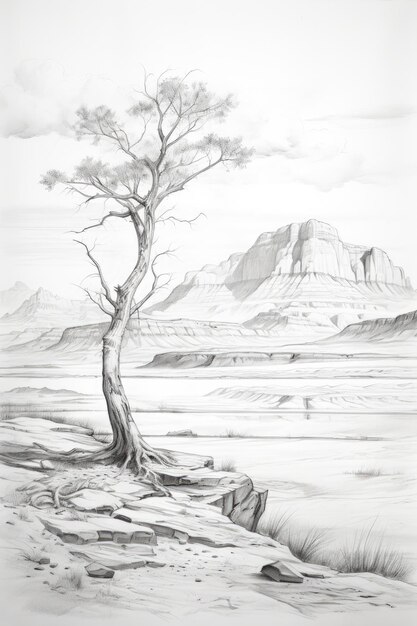 Ein einsamer Baum steht in einer Wüste, umgeben von Bergen.