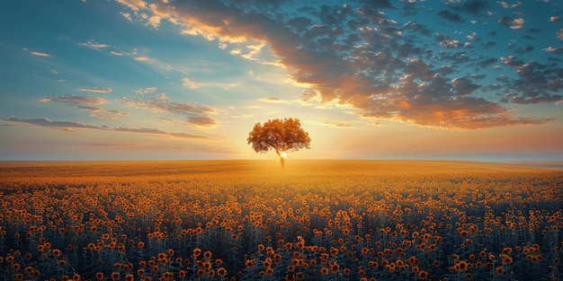 Ein einsamer Baum steht unter Sonnenblumen