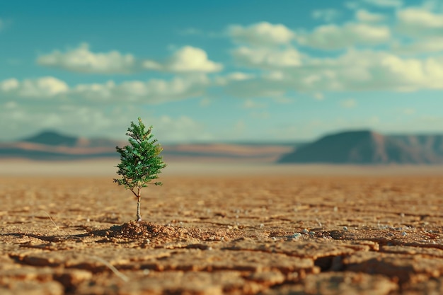 Ein einsamer Baum wächst in einer unfruchtbaren Wüstenlandschaft, ein Symbol der Hoffnung.