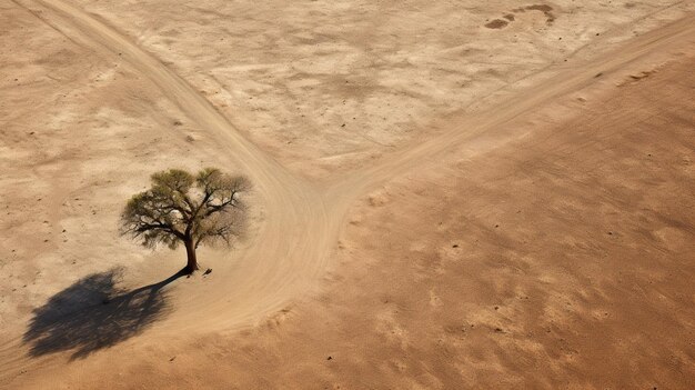Ein einsamer Baum wirft langen Schatten auf den zerrissenen Wüstenboden