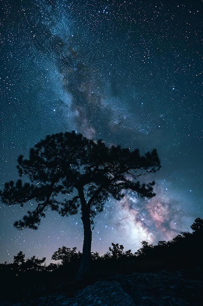 Ein einsamer Baum zeichnet sich als Silhouette gegen den Nachthimmel ab
