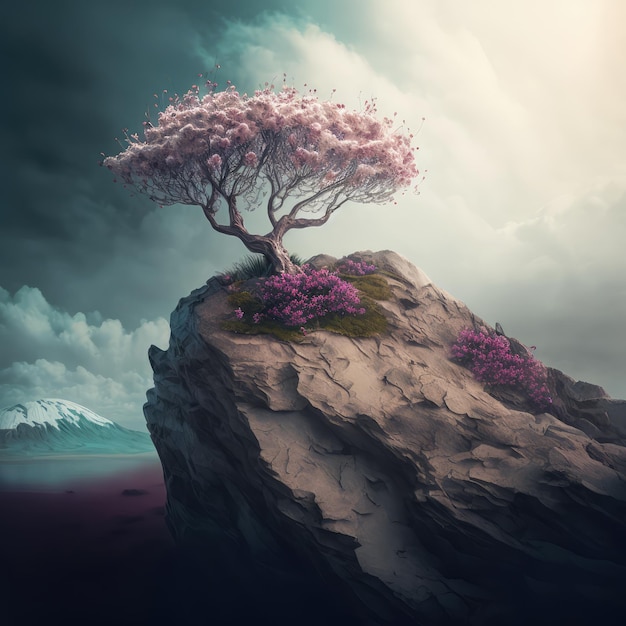 Ein einsamer blühender Baum auf einem Felsen Eine malerische Aussicht Eine schöne meditative abstrakte generative KI-Illustration