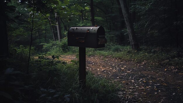 Foto ein einsamer briefkasten steht in einem dunklen wald, der briefkasten ist alt und rostig und die tür hängt offen.